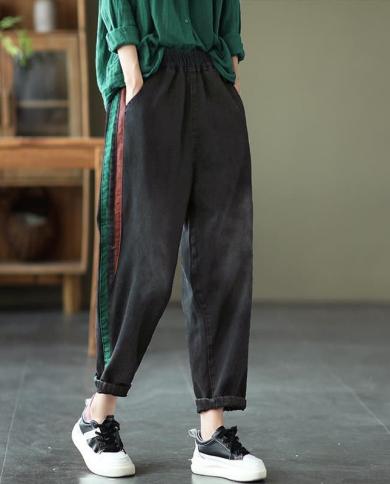 2022 Spring Autumn New Arts Style Women Elastic Waist Cotton Denim Harem Pants Side Stripe Loose Casual Vintage Jeans C5