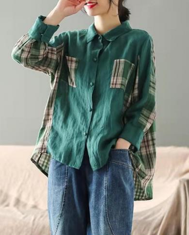 New Arrival Springautumn Arts Style Women Loose Casual Long Sleeve Turn Down Collar Blouse Cotton Plaid Patchwork Shirt