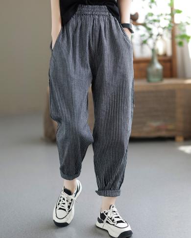 2023 New Arrival Spring New Arts Style Women Elastic Waist Loose Ankle Length Pants Cotton Linen Striped Casual Harem Pa
