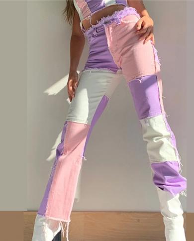 Womens Skinny Patchwork Jeans Distressed Hot High Waist Stright Raw Hem Denim Pants Fashion  Design Button Fy Trousersj