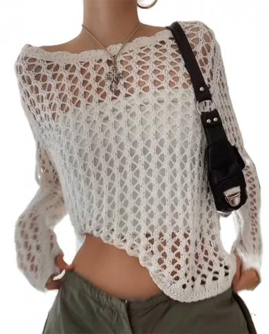 Womens Knitted Hollow Out Holes Blouse Summer Solid Long Sleeve Round Neck Perspective Shirts Female Cover Ups Crochet 