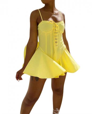 Women Sleeveless Summer  Short Dress Tight Straps Solid Color Low Cut Sling Dress Front Cross Bandage Short Corset Dress