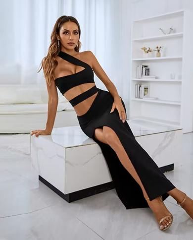 Womens  Split Bodycon Bandage Dress 2022 New Celebrity Evening Club Party Strapless Hollow Out Midi Dresses