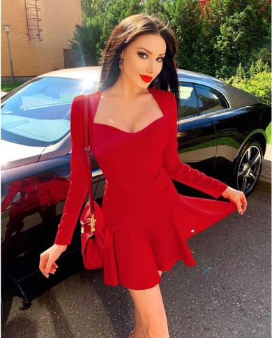 Spring  New  Womens Bandage Dress Lowcut Vneck Longsleeved Mini Ruffle Skirt Red Club Party Vestidos Ropa Mujer  Dresse