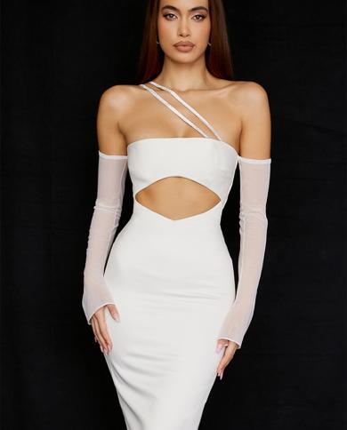 2022 New Summer Women Off The Shoulder Dress White  Hollow Out Long Sleeve Celebrity Elegant Evening Club Midi Party Dre