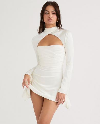 High Quality Women Party White Dress  O Neck Hollow Out Long Sleeve Satin Bodycon Elegant Celebrity Evening Club Mini Dr
