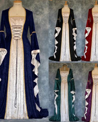 Women  Medieval Velvet Retro Court Princress Cosplay Costume Long Dress Elegant Witch Square Collar Masquerade Vd3664