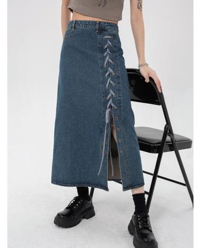2022 Summer Vintage Blue Women Denim Skirt Streetwear  Y2k Style Casual High Waist Bandage Ladies Mid Length Jeans Skirt
