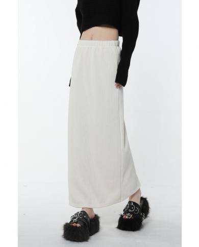 Women White Half Body Skirt Split Fork High Waist Casual  Fashion Mid Length Bottoms Baggy Vintage Female Long Skirt