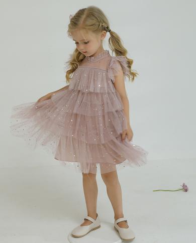 Cute Girls Sequins Formal Party Dresses Evening Prom Gown Kids Cake Layers Princess Dress For Wedding Party Tulle Tutu 