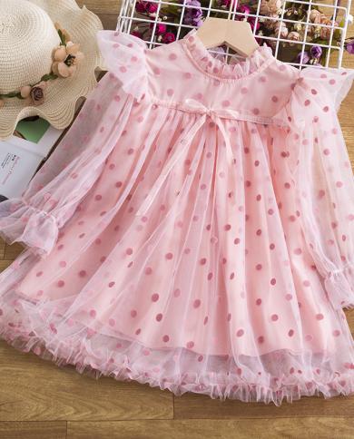 3 8t Little Girls Full Sleeve Casual Dress Autumn Kids Princess Daily Wear Children Party Dots Ruffles Clothing Birthday