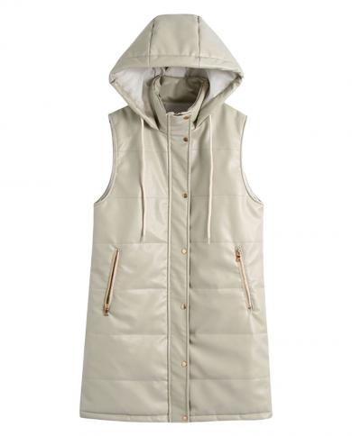 Women Long Puffer Vest Autumn Winter Sleeveless Faux Leather Hooded Mid Length Waistcoat Thick Padded Outwear Jacket Str