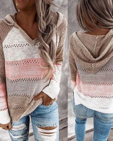 Women Casual Hoodie Sweatshirt Striped Color Block Long Sleeve Knitted Pullover Drawstring Hooded Vneck Top Hollow Out P