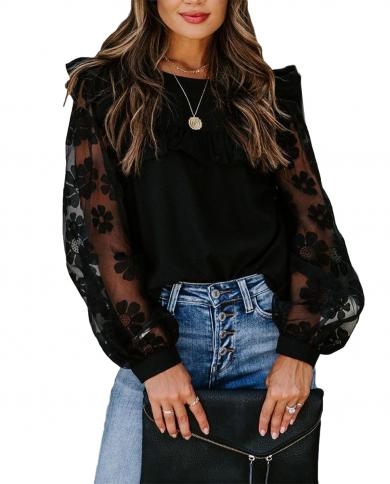 Woman Mesh Patchwork Long Sleeve Blouse Black Lace Bubble Sleeve Pullover Tops Elegant Blouse Oneck Shirts Female Casual