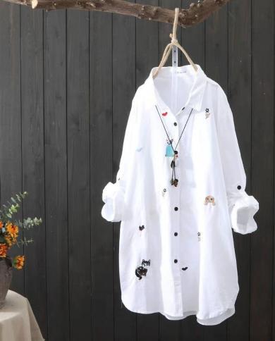 100 Algodão Primavera Outono Camisa Feminina Branca Manga Comprida Solta Blusa Casual Longa Camisas Femininas com Bordado Animal