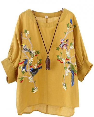 Camiseta feminina verão 2022 manga lanterna manga solta camiseta feminina linho de algodão flor pássaro bordado tops vintage hxj