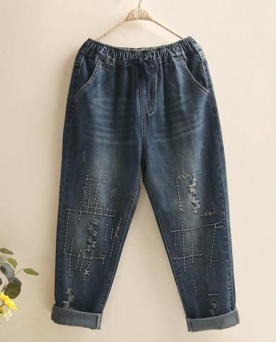 New Arrival Spring Women Allmatched Casual Loose Cotton Denim Harem Pants Vintage Embroidery Elastic Waist Ripped Jeans 