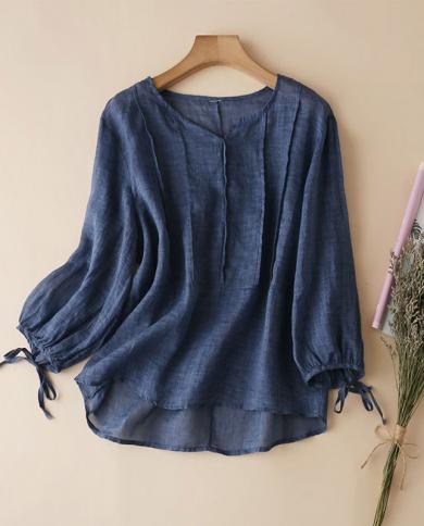 Spring Summer New Arts Style Women 34 Sleeve Loose Linen Shirts Allmatched Casual Vneck Blouse Femme Tops High Qualit V