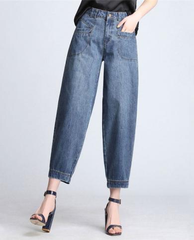 2022 Primavera Verão Moda Feminina Calça Jeans Azul Solta Cintura Alta Todos Combinados Casual Algodão Jeans Harém Pants S724jea