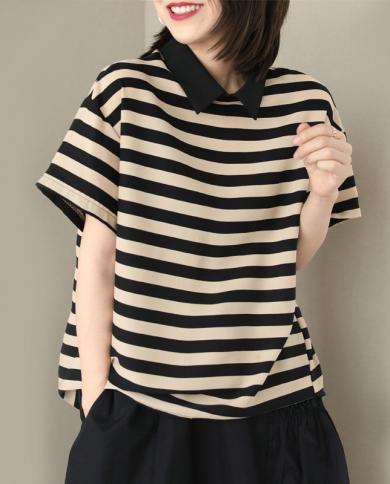 New Arrival Smmer Women Loose Casual Short Sleeve Turn Down Collar T Shirt All Matched Cotton Striped Patchwork T Shirt 