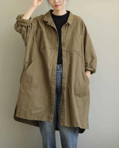  New Arrival Springautumn Women Loose Casual Long Turndown Collar Trench Single Breasted Cotton Bat Sleeved Coat W761  