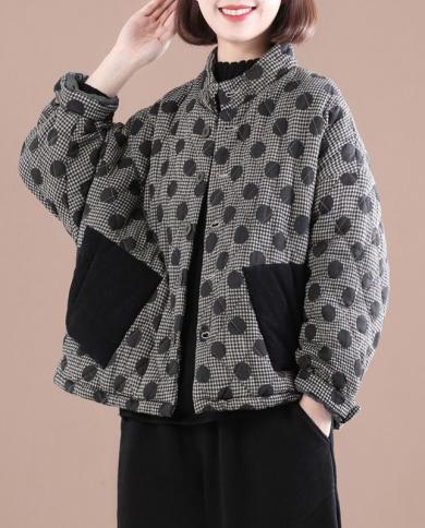 2022 Autumn Winter New Arts Style Women Loose Single Breasted Cotton Liner Jackets Polka Dot Thick Cotton Casual Coats C