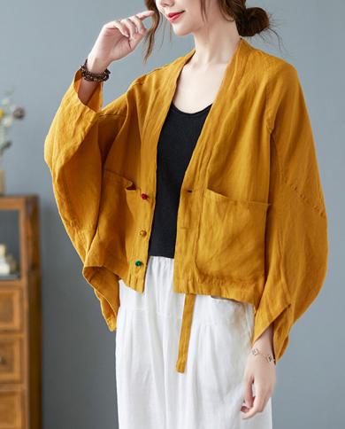  Spring Autumn New Arts Style Women Batwing Sleeve Loose Cotton Linen Jackets Double Pocket Vneck Casual Short Coats V43
