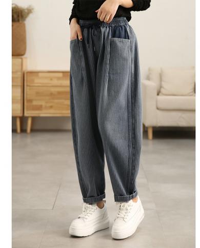 2022 Spring Summer New Arts Style Women Elastic Waist Stripe Loose Jeans All Matched Casual Cotton Denim Harem Pants C10