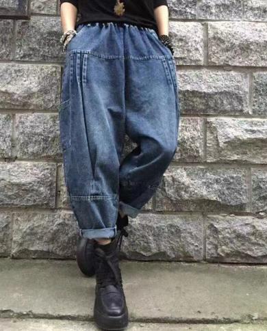 2022 Spring Autumn New Arts Style Women Elastic Waist Loose Jeans Side Double Pocket Cotton Denim Harem Pants Jean V822 