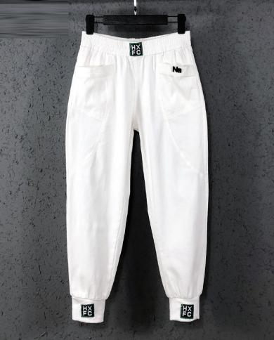 New Arrival Spring Summer  Fashion Women Elastic Waist Loose White Jeans All Matched Casual Cotton Denim Harem Pants S98