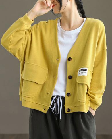  Spring New Arts Style Women Long Sleeve Loose Short Coats Double Pocket Vneck Single Breasted Casual Jacket V465  Jacke