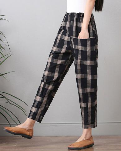 Spring Summer New Fashion Women Harem Pants Elastic Waist Loose Casual Plaid Cotton Anklelength Pants Ladies Trousers D6