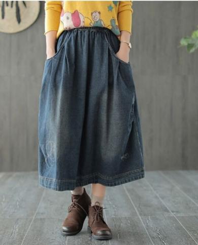 2023 Spring Autumn New Arts Style Women Elastic Waist Loose Cotton Denim Skirts Vintage Blue Casual Solid A Line Long Sk