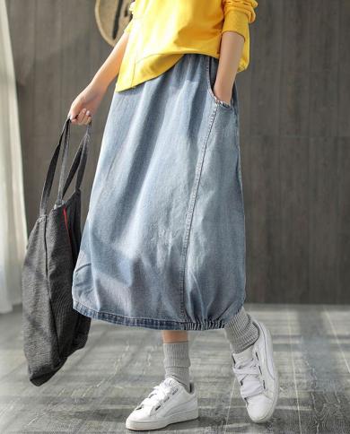 Spring Autumn New Arts Style Women Elastic Waist Loose A Line Skirt All Matched Casual Cotton Denim Vintage Blue Long Sk