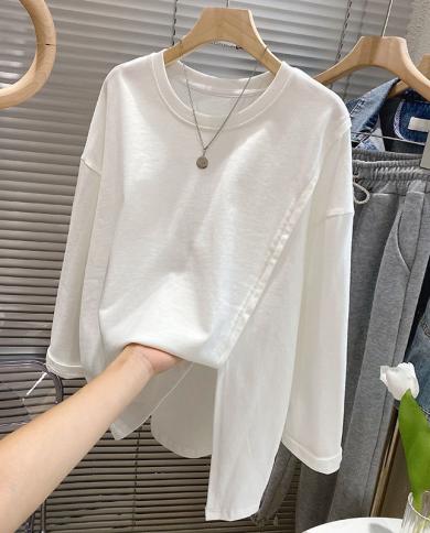 2022 Spring Autumn  Fashion Women Asymmetric Loose T Shirt Allmatched Casual Oneck Cotton Long Tee Shirt Femme Tops C602