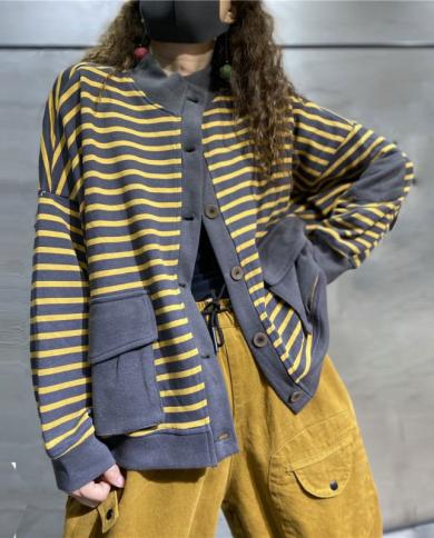  Spring Autumn New Arts Style Women Long Sleeve Single Breasted Loose Jackets Double Pocket Cotton Stripe Short Coats V6