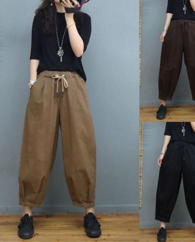 2022 Spring Autumn New  Arts Style Women Elastic Waist Loose Ankle Length Pants All Matched Casual Solid Cotton Harem Pa