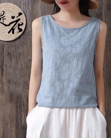 New Arrival Summer Arts Style Women Basic Sleeveless Tops 100 Cotton Dobby Tank Top Allmatched Casual Tank High Quality
