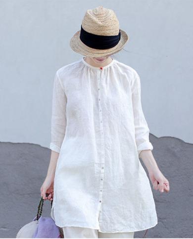 New Arrival 2022 Summer Arts Style Women 34 Sleeve Loose White Long Shirts Single Breasted Vintage Cotton Linen Blouse 