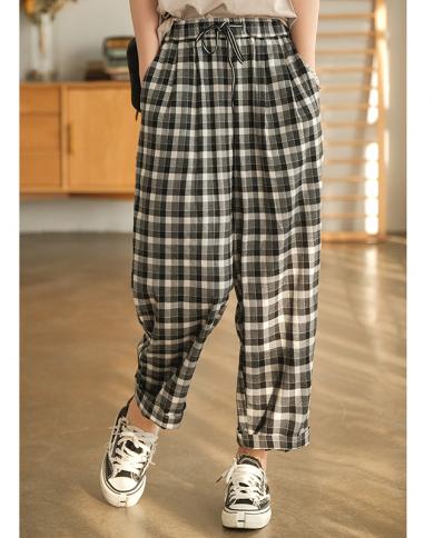 New 2022 Spring Summer Arts Style Women Elastic Waist Loose Ankle Length Pants All Matched Casual Plaid Harem Pants C152