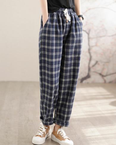 2022 Autumn Winter New Arts Style Women Elastic Waist Loose Thicken Ankle Length Pants All Matched Casual Plaid Harem Pa
