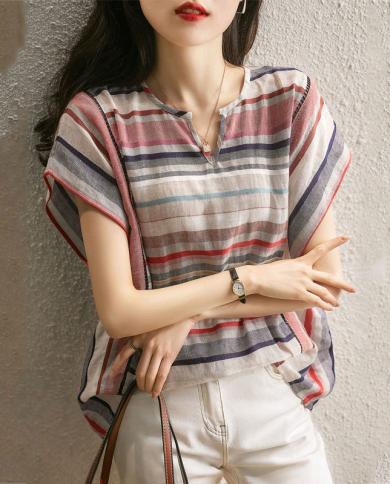 Summer Style Women Short Sleeve Loose Vneck Tee Shirt Femme Tops Allmatched Casual Cotton Linen Striped Tshirt V428  Tsh