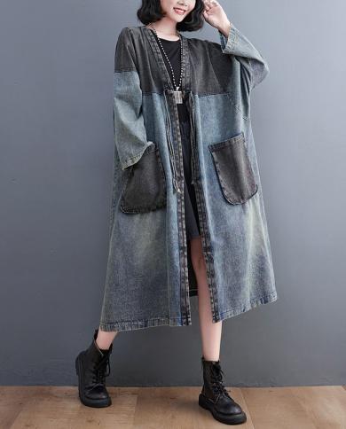 2022 Autumn New Arts Style Women Long Sleeve Loose Single Breasted Patchwork Denim Trench Double Pocket V Neck Long Coat
