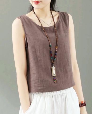 New Arrival  Summer Arts Style Women Sleeveless Solid Tops All Matched Casual Cotton Linen Tank Femme Vintage Top M59tan