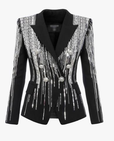 Harleyfashion Luxury Women High Street Exquisite Metal Beading Heavy Handmade Black Blazer Quality Jackets  Blazers