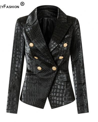 Unique Designing Animal Crocodile Pattern Leather Black Blazer For Women Double Breasted Buttons Luxurious Pu Street Jac