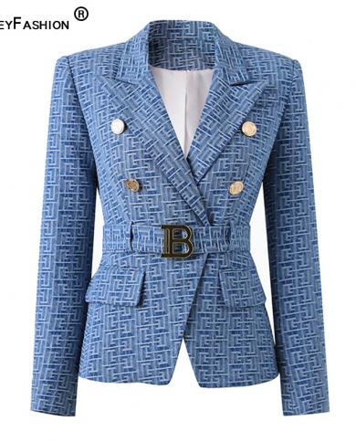 Custom Luxury Washed Fabric Wholesale Geometric Pattern Denim Jackets For Ladies Women Fashion Blazer With Belt  Blazers