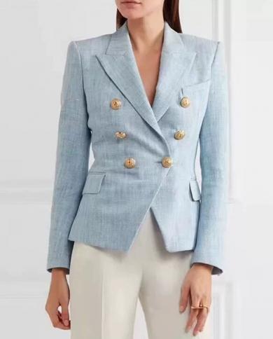 High Quality Fashion Ladies Light Blue Blazer Notched Long Sleeve Double Breasted Buttons Cotton Office Jacket Women Bla