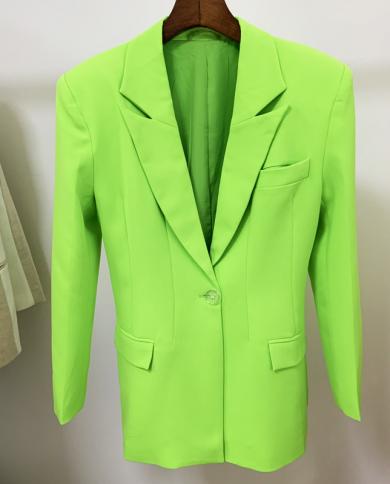 Blazer Skirt Suits Two Pieces Sets Women Widened Shrug Shoulder One Button Oversize Fluorescent Green Long Blazers Suit 