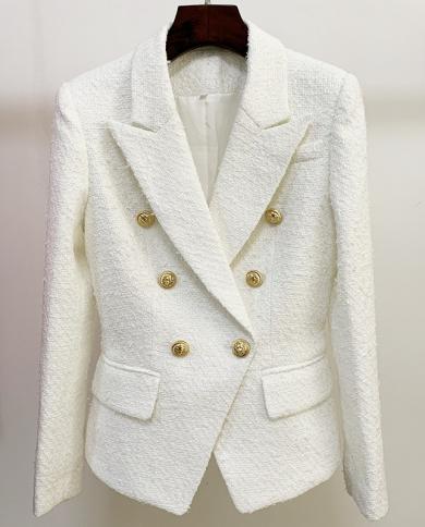 White Tweed Woolen Blazer Women  Autumn Winter New Female Jackets Coat Gold Button Double Breasted Slim Formal Blazers S